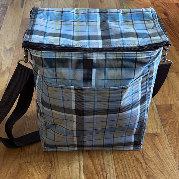 Thirty-One Plaid Messenger Bag with Blue and Green Accents - Picture 1 of 4
